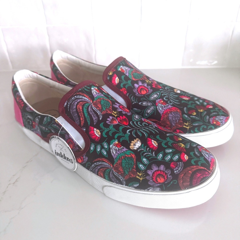 Inkkas Rooster Slip On Shoes Mens 12 Multicolor Embroidered Floral Loafers NEW